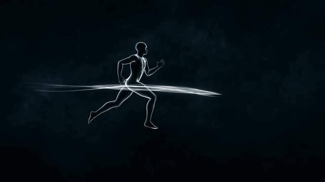 Outlined runner in running pose against dark abstract background with flowing light trails