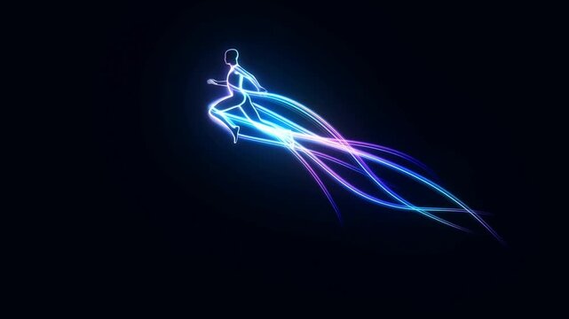 Glowing human figure in running pose with neon light trails on black background