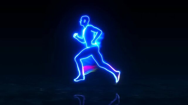 Neon runner moves left across a dark reflective floor with blue glowing outline