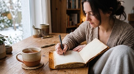Obraz premium Woman writing in journal by window with steaming tea on wooden table in cozy winter setting