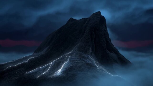 Dark Mountain Peak Surrounded by Mist Beneath Heavy Storm Clouds at Twilight