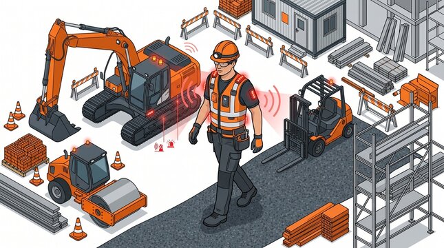 Construction Worker Wearing Smart Safety Vest with Proximity Sensors Isometric Illustration for Wearable Safety Technology