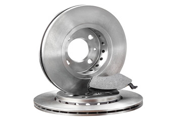 New automotive brake discs and a brake pad isolated on a white background. Essential spare parts for car maintenance, repair, and safety. © lcrribeiro33@gmail