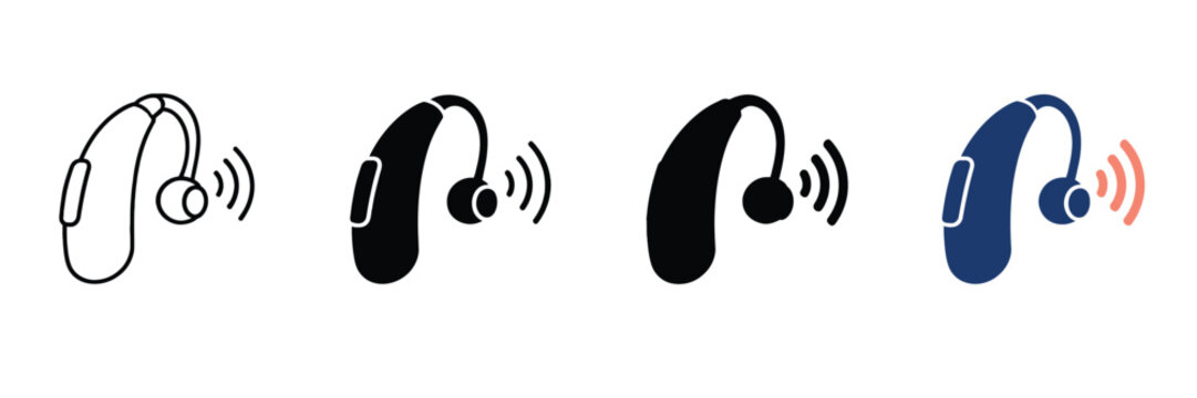 Hearing aid icon set in flat and line styles, digital ear amplifier vector symbols, medical device for hearing loss and audiology equipment