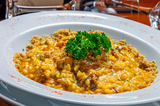 creamy Italian meat risotto topped with crispy breadcrumbs and fresh parsley, served in a white bowl. Perfect for restaurant menus, fine dining, and culinary food photography.