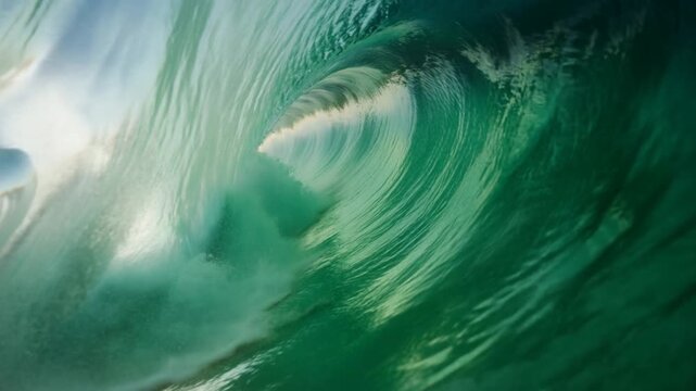Curling Ocean Wave Holds a Turquoise Barrel Shape in Close View of Open Water