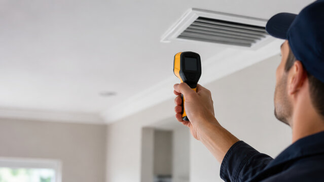 Home HVAC repairman inspecting ceiling vent with infrared thermometer during maintenance service and focused diagnostic work indoors