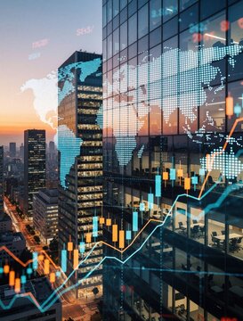 Global financial markets graphic overlaid on modern skyscrapers at dusk. Digital world map and trading charts show economic data. Business district at night with city lights.