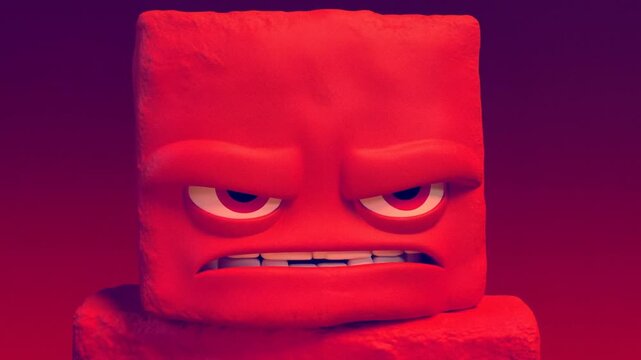 Red Square Character With Angry Expression on Vivid Purple and Red Background