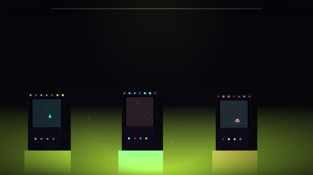 Three minimalist smartphone screens displaying tiny pixelated characters against a glowing green gradient background loop.