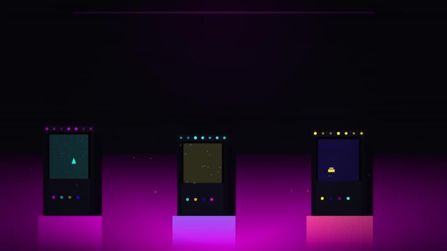 Three stylized arcade game consoles rest on glowing platforms within a dark atmospheric looping background.