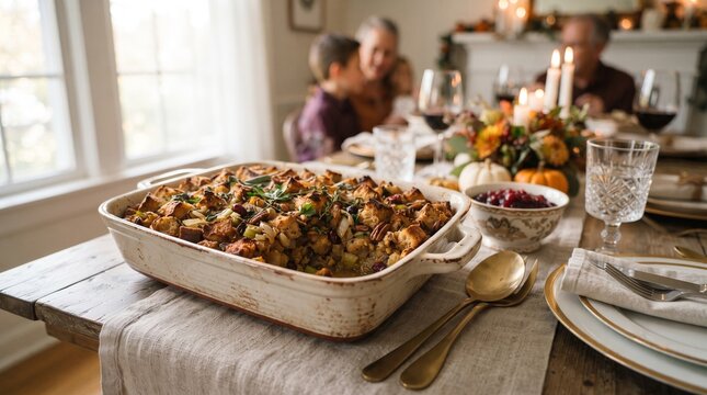 Homemade stuffing baked in a ceramic dish on a dining table during a family holiday meal. Traditional comfort food for Thanksgiving dinner, festive gathering, and seasonal home cooking.  