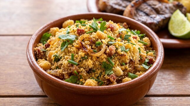 Brazilian farofa with bacon and herbs in clay bowl on wooden table. Traditional side dish served with grilled steak and lime. Authentic cuisine of Brazil for menu and food blog.