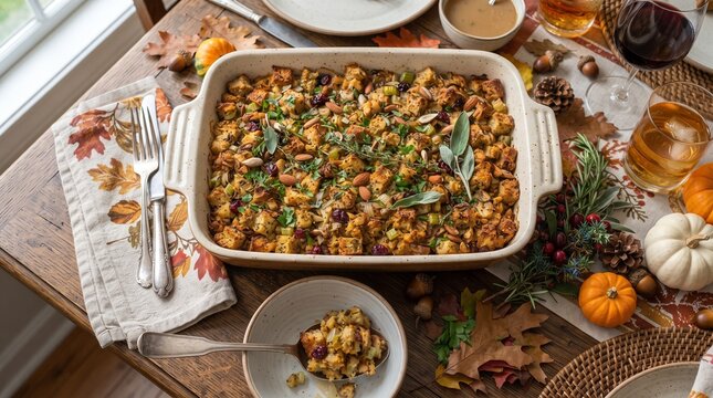 Homemade stuffing casserole baked in a ceramic dish on a festive autumn dinner table. Comfort food for Thanksgiving hosting, family gathering, and seasonal holiday menu planning.  