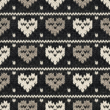 Folk Heart Fair Isle Seamless Pattern in Charcoal and Bone Nordic Knit Christmas Winter Background