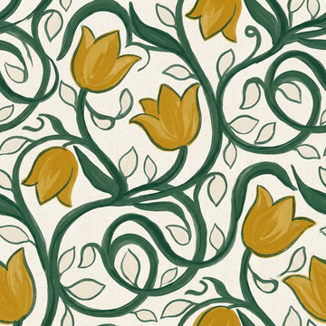 Tulip Vine Folk Floral Seamless Pattern in Forest Green and Mustard Folk Floral Christmas Winter Background