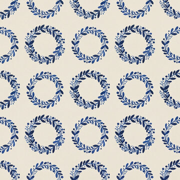 Folk Wreath Ring Seamless Pattern in Indigo and Ecru Folk Floral Christmas Winter Background