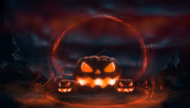 Halloween jack o lantern pumpkins with glowing fire portal ring in dark landscape 3d render