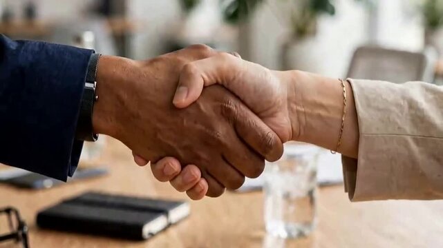 Diverse business handshake agreement in modern office
