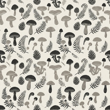 Mushroom and Pine Cone Toss Seamless Pattern in Charcoal and Bone Woodland Block Print Christmas Winter Background