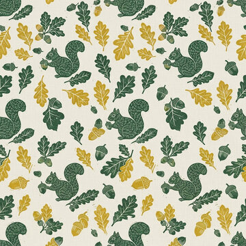 Squirrel and Acorn Seamless Pattern in Forest Green and Mustard Woodland Block Print Christmas Winter Background