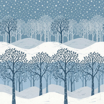 Birch Forest Starry Night Seamless Pattern in Ice Blue and Silver Woodland Block Print Christmas Winter Background