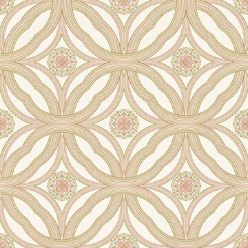 Circle Guilloche Floral Seamless Pattern in Blush and Antique Gold Ornamental Tile Christmas Winter Background