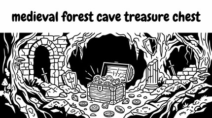 Fototapeta premium golden treasure chest discovered inside a dark medieval forest cave, glowing coins, gemstones, mossy rocks, ancient ruins, mysterious woodland atmosphere, fantasy adventure vector illustration