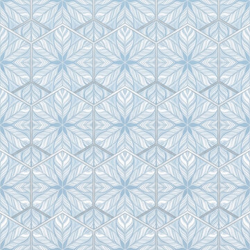 Hexagon Leaf Tile Seamless Pattern in Ice Blue and Silver Ornamental Tile Christmas Winter Background