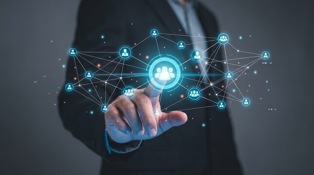 Professional Businessman Interacting with a Digital Social Network Interface for Corporate Networking and Modern Global Communication Strategy