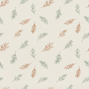 Single Stroke Pine Sprig Seamless Pattern in Sage and Terracotta Minimal Line Art Christmas Winter Background