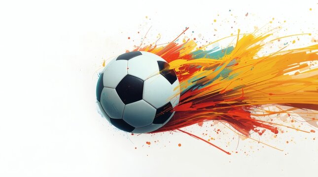 Dynamic soccer ball moving fast with vibrant colorful paint splashes on white background
