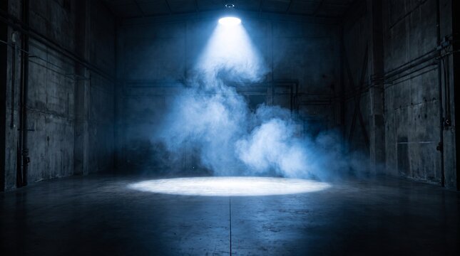 Dramatic single spotlight shining through blue smoke onto an empty concrete floor in a dark industrial studio warehouse background