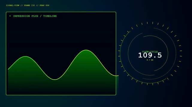 Digital impression data flows across a dark screen as oscillating green waves update metrics within circular gauge interfaces during a simulated analytical observation in deep space
