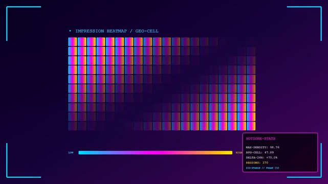 A vibrant impression data visualization displaying grid patterns of colorful pixelated squares shimmering across three digital display panels in a simulated dark atmospheric workspace environment