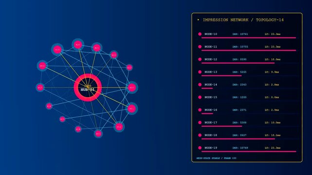 Digital impression data visualization displays active network connections between central nodes and peripheral points in a dark blue environment showing evolving metrics for system monitoring