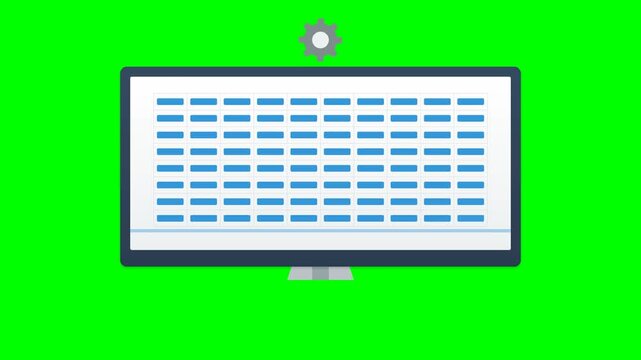 Modern Computer Monitor Animating Data Loading and Completion Checkmark on Green Screen Background