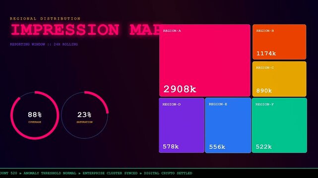 A glowing impression data dashboard displays fluctuating numeric values across three distinct panel views featuring colorful rectangular modular blocks and circular progress metrics in dark settings