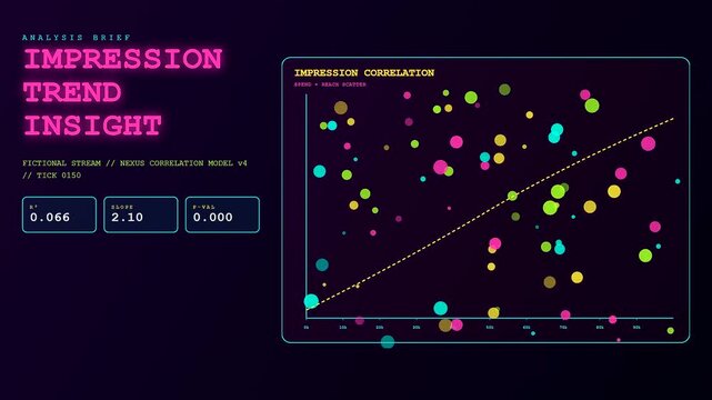 Digital impression data presented on a dark interface featuring fluctuating multicolored circular plots and glowing trend lines used for professional analytical financial reports and studies