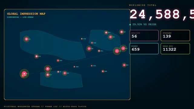 a glowing impression data map interface pulses with vibrant animated statistics across three dark screens reflecting complex information flows and digital monitoring systems in motion