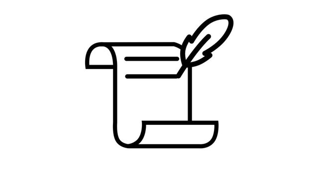Animated black line art of a feather quill writing on an ancient parchment scroll against a white background. Perfect for history, literature, or legal concepts.