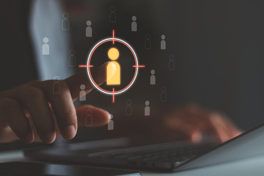 Target customer or customer relationship management CRM concept. Population segment for market niche business community customer research, big data discovery, Person using laptop access personal data.
