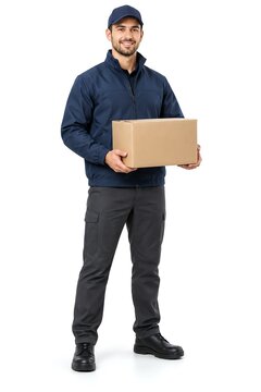 Delivery courier in blue uniform holds cardboard package on white background.
