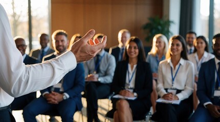Obraz premium Speaker gestures toward attentive audience during business meeting. People listen intently in conference room, seated in rows. Speaker engages group, sharing ideas for growth and development.
