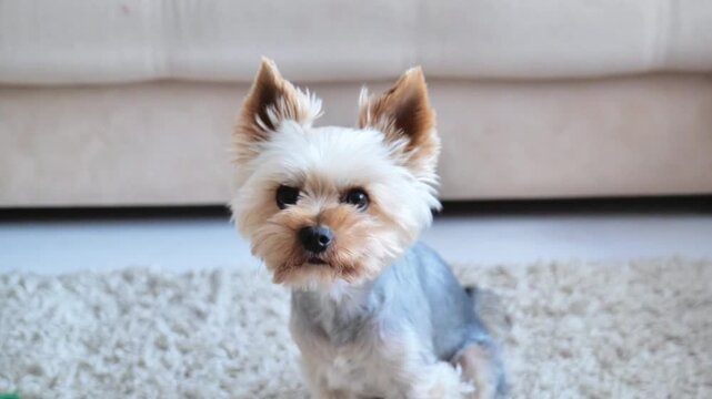A serene Yorkshire Terrier is captured posing outdoors against a concrete wall with text in the background. The frontal view highlights the dog's calm and composed demeanor, making it ideal.