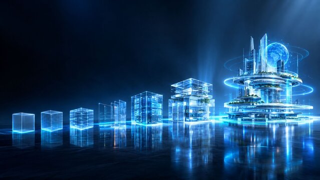Futuristic Digital Smart City Infrastructure Growth Concept with Glowing Blue Data Cubes and Holographic World Globe on Dark High Tech Background Representing Swift Innovation and Scalability