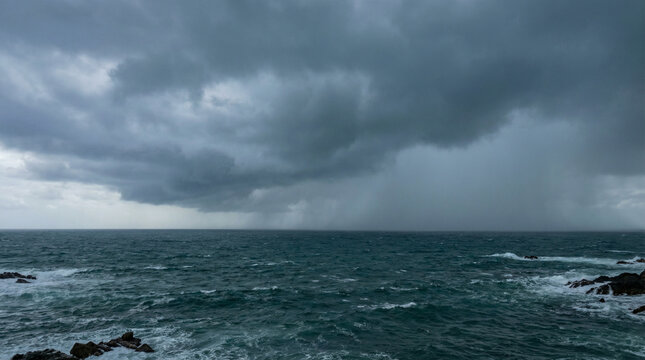 Dramatic Storm Clouds Over Ocean Moody Seascape. Turbulent grey sky meeting dark teal waters with brooding atmospheric tension before rainfall