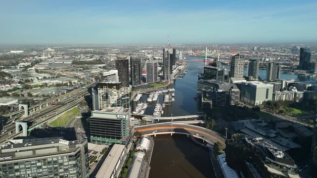 Melbourne CBD, Victoria, Australia &ndash; 4K aerial drone view of modern city skyline, Yarra River, Docklands marina, luxury yachts, skyscrapers and waterfront architecture