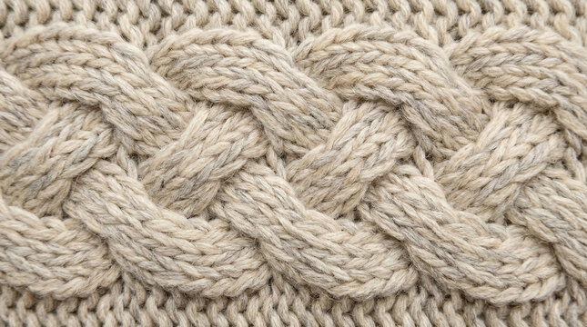 Cozy Knitted Blanket Texture Cream White. Chunky cable knit wool pattern close-up, soft neutral tones, warm tactile textile detail