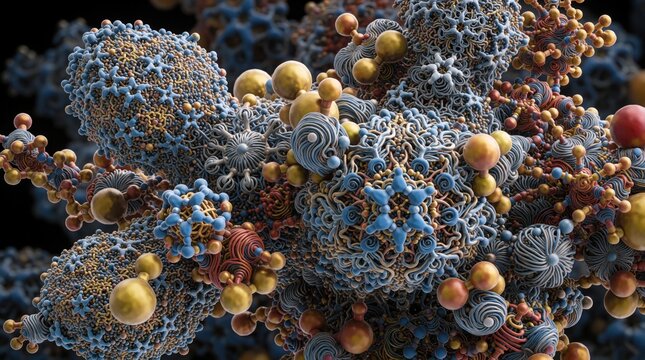Intricate atomic structure detailed view. Complex molecular bonds form complex 3D networks. Microscopic analysis shows crystalline formations and clusters.
